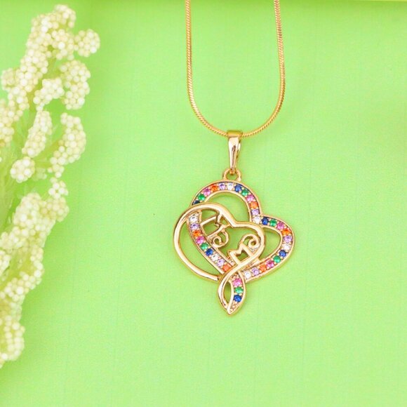 "Colorful Mom Heart Pendant in Rose Gold with Rainbow CZ, XPPT1287 - Picture 3 of 12